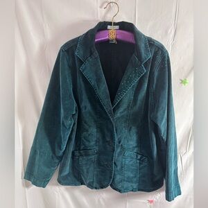Y2K Jewel Toned Teal Embellished Collared Corduroy Blazer‎ Women’s Size 1X